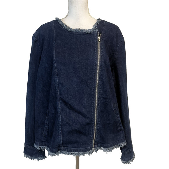 DG2 Diane Gilman Denim Jean Jacket Plus size 3X Stretch Frayed Zip Front Peasant - Picture 1 of 10